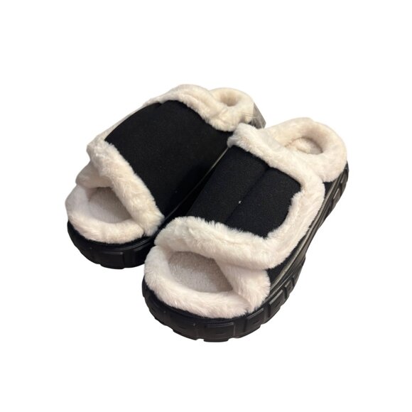 Faux Fur Lined Black Slippers With Memory Foam Anti-Slip Sole Size M - Picture 3 of 4